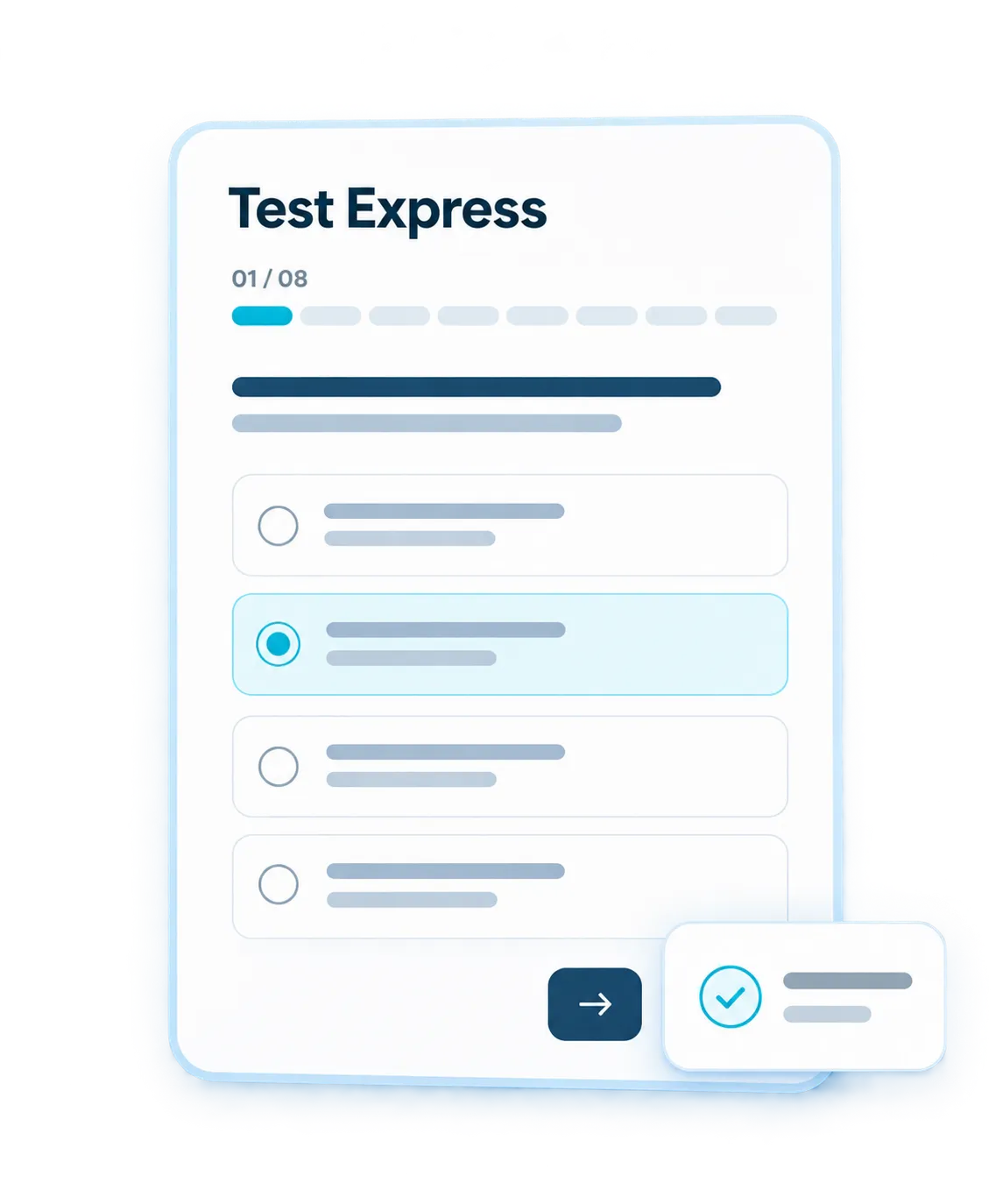 Representación del Test Express: ocho preguntas guiadas y selección de respuestas.